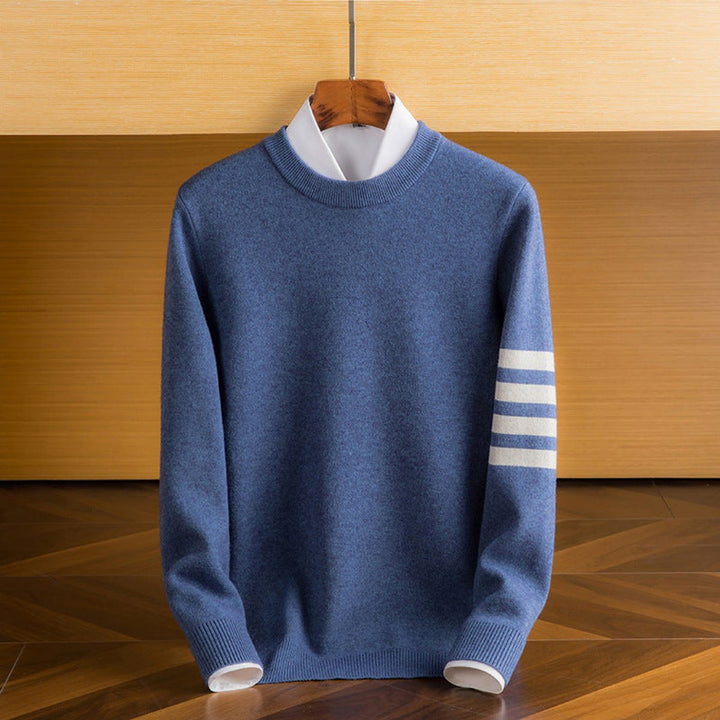 Mens Jumpers Lambswool Crewneck Striped Sleeve Knitted Pullover