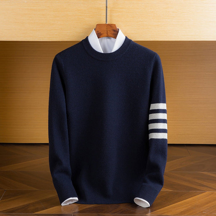 Mens Jumpers Lambswool Crewneck Striped Sleeve Knitted Pullover