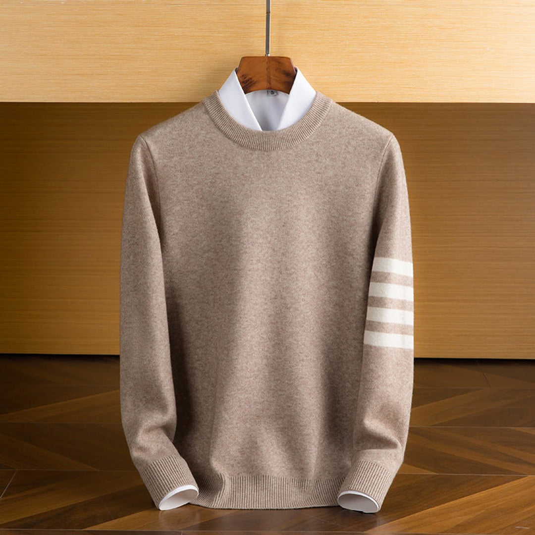Mens Jumpers Lambswool Crewneck Striped Sleeve Knitted Pullover