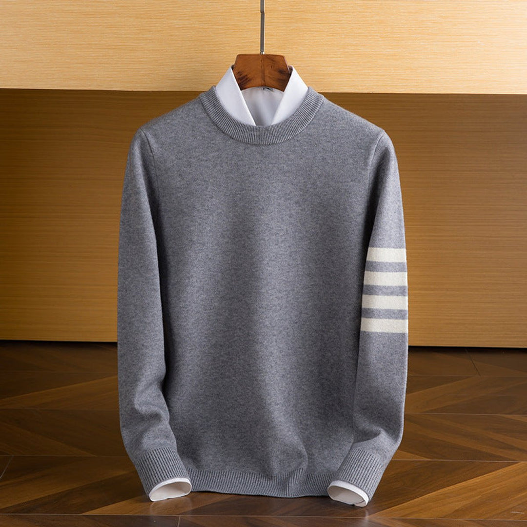 Mens Jumpers Lambswool Crewneck Striped Sleeve Knitted Pullover
