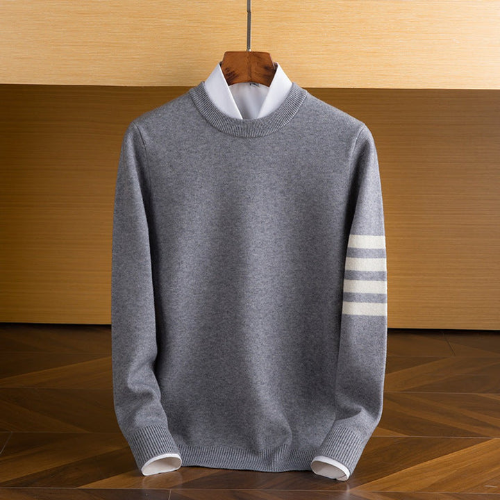 Mens Jumpers Lambswool Crewneck Striped Sleeve Knitted Pullover
