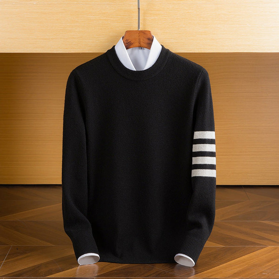 Mens Jumpers Lambswool Crewneck Striped Sleeve Knitted Pullover