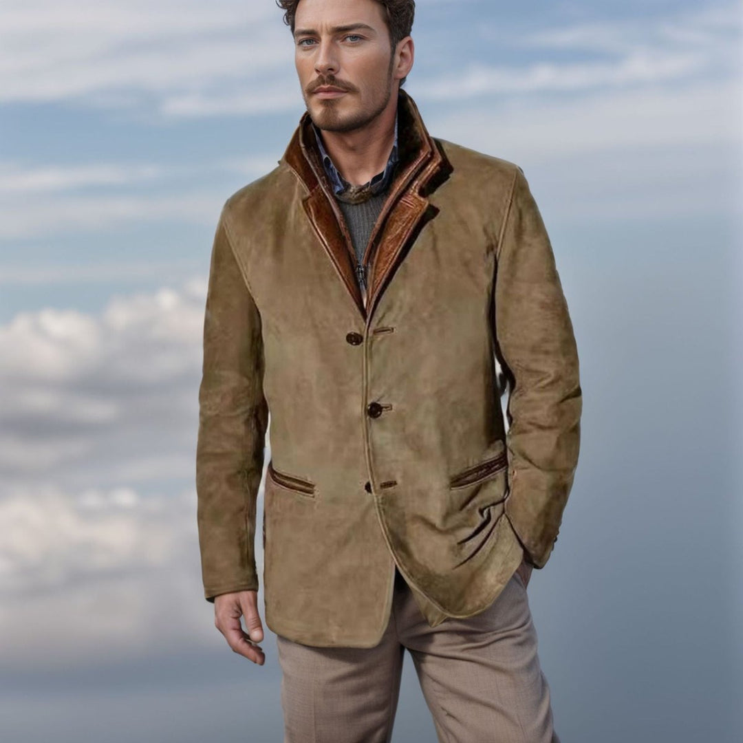 Men's Khaki Suede-Look Notched Lapel Jacket Leather Trim