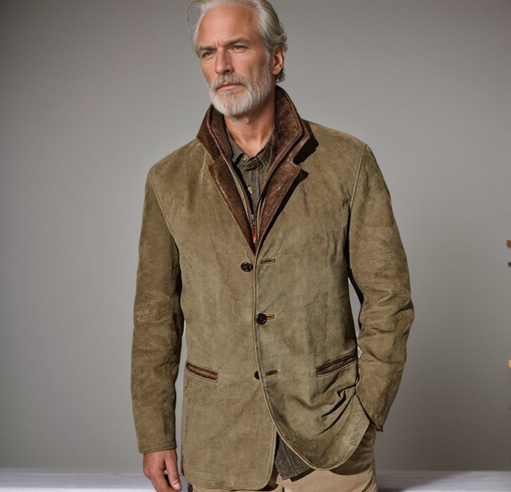 Men's Khaki Suede-Look Notched Lapel Jacket Leather Trim