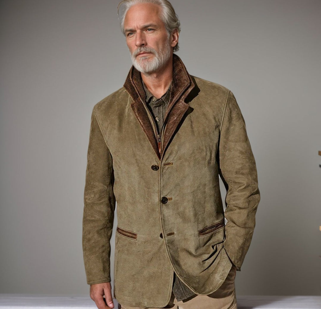 Men's Khaki Suede-Look Notched Lapel Jacket Leather Trim