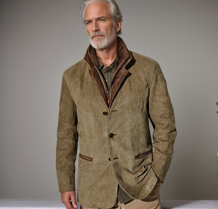Men's Khaki Suede-Look Notched Lapel Jacket Leather Trim