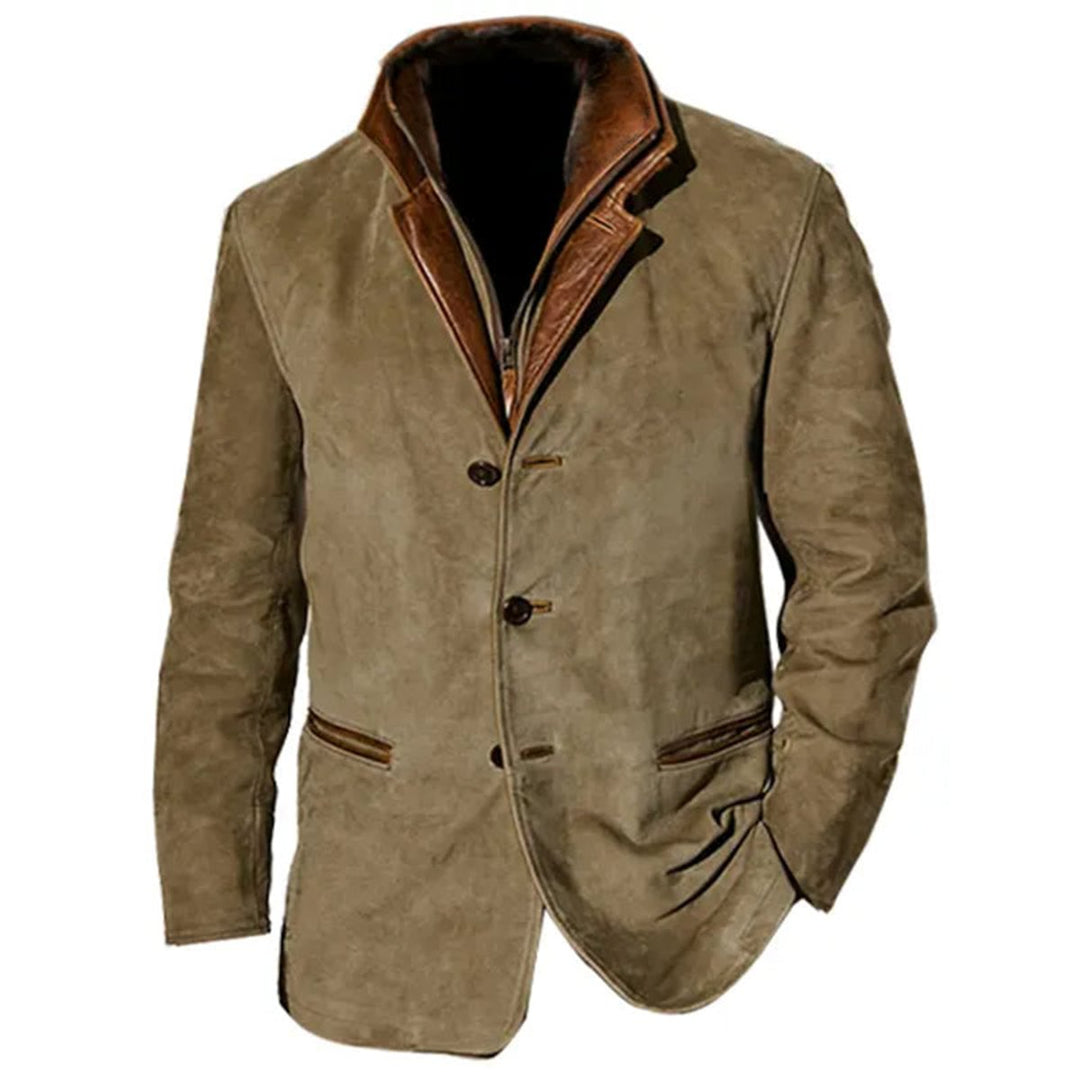 Men's Khaki Suede-Look Notched Lapel Jacket Leather Trim