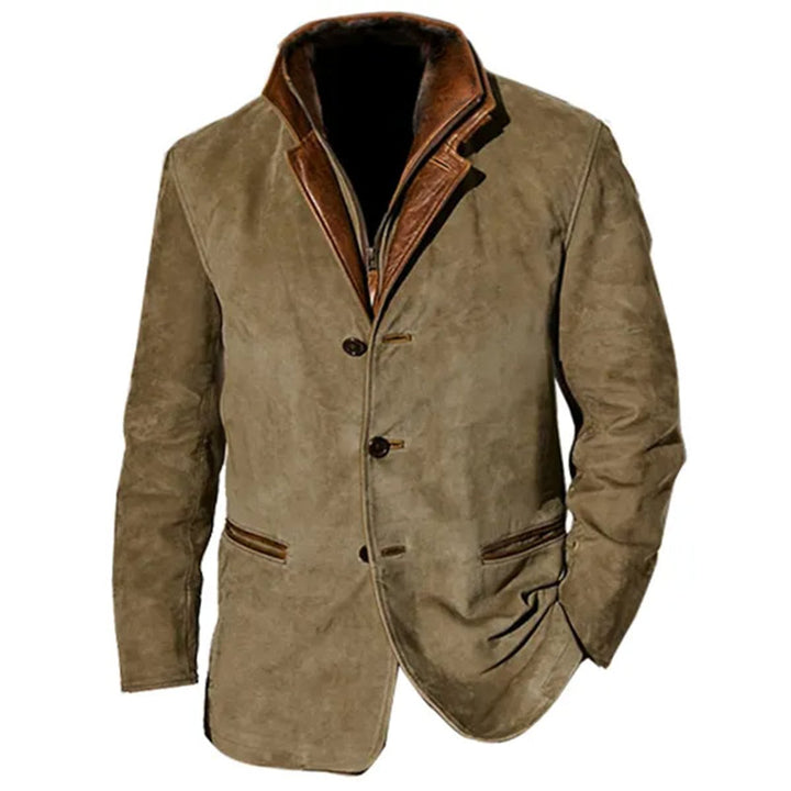 Men's Khaki Suede-Look Notched Lapel Jacket Leather Trim