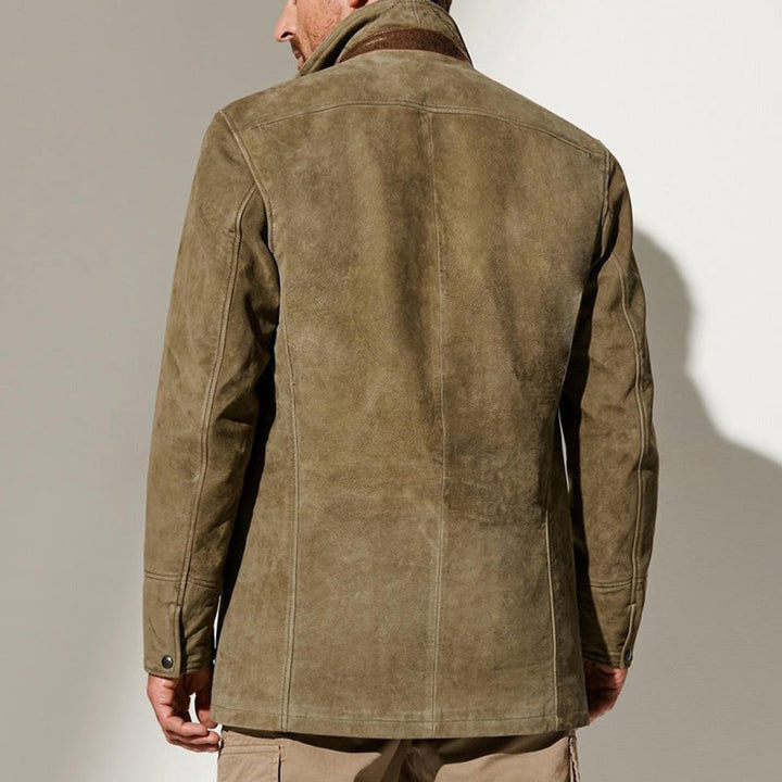 Men's Khaki Suede-Look Notched Lapel Jacket Leather Trim