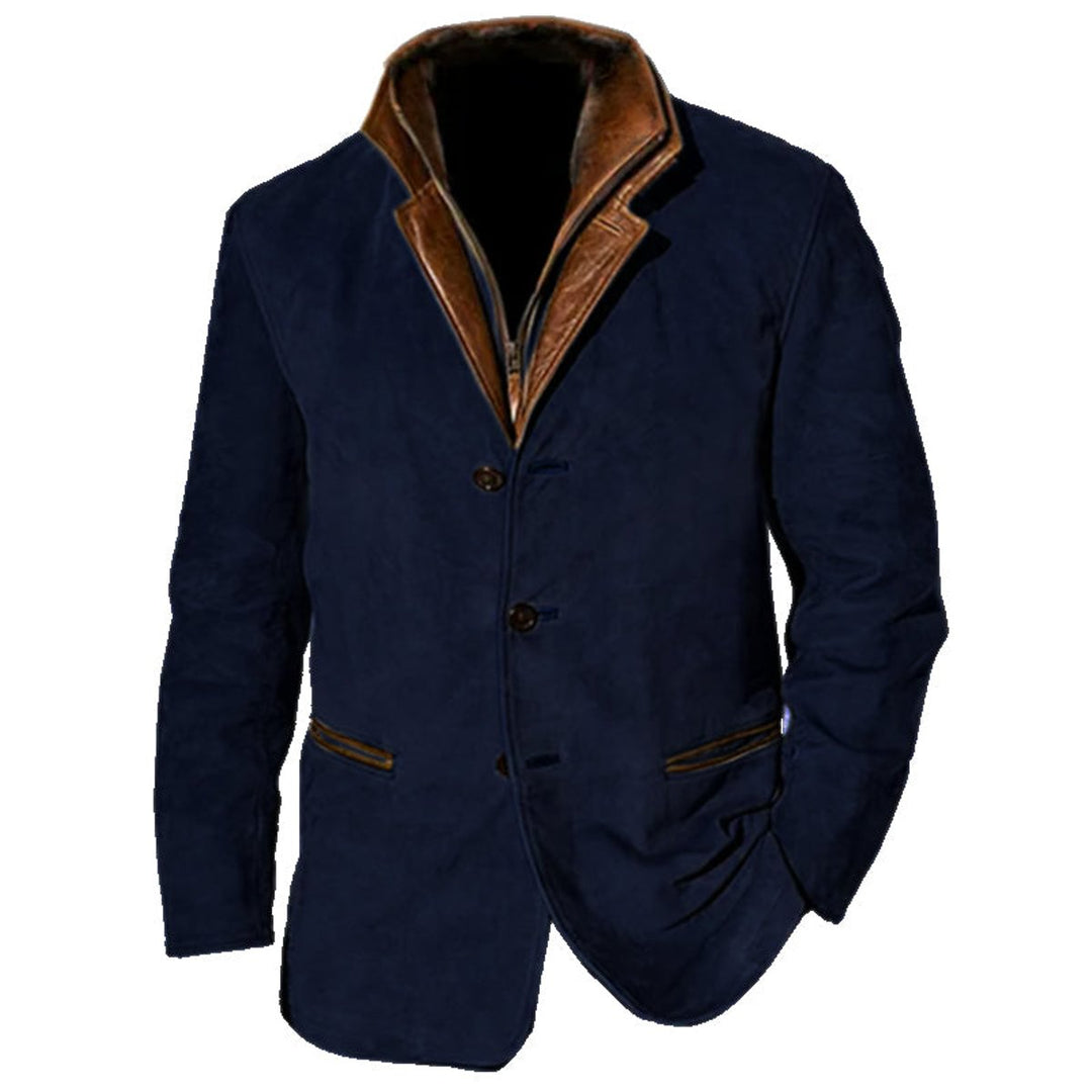Men's Khaki Suede-Look Notched Lapel Jacket Leather Trim