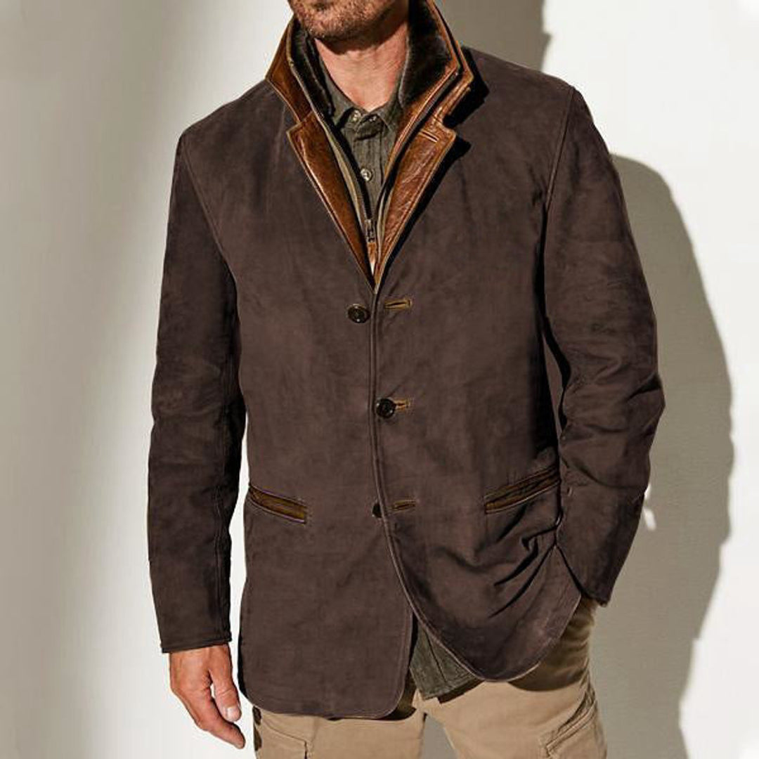 Men's Khaki Suede-Look Notched Lapel Jacket Leather Trim