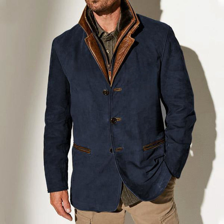 Men's Khaki Suede-Look Notched Lapel Jacket Leather Trim