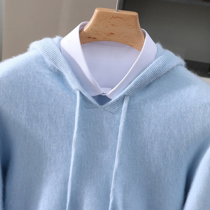 Mens Knitted Cashmere Hoodie Jumper Drawstring Pullover