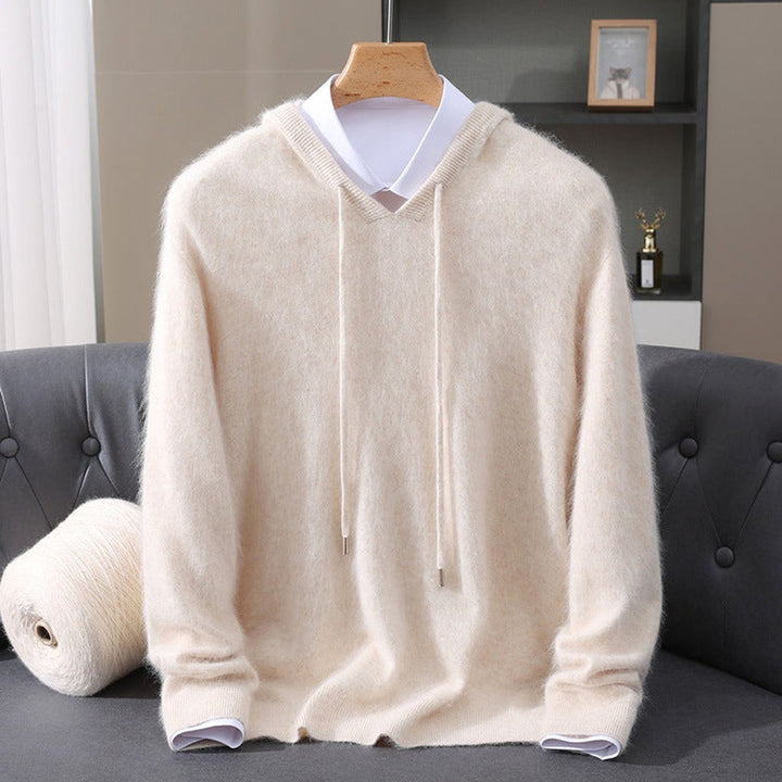 Mens Knitted Cashmere Hoodie Jumper Drawstring Pullover