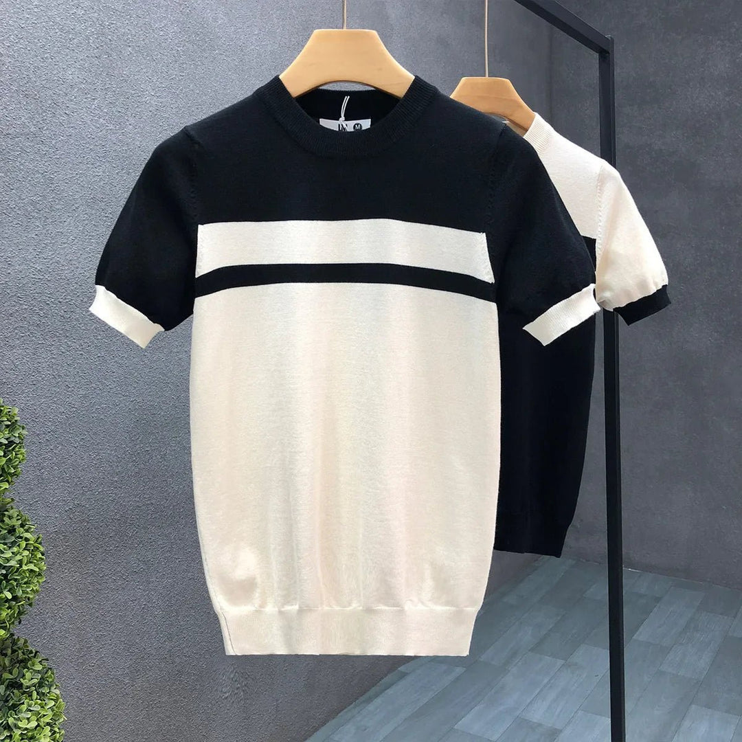 Mens Knitted Colour Block Crewneck Jumper Ribbed Stripe