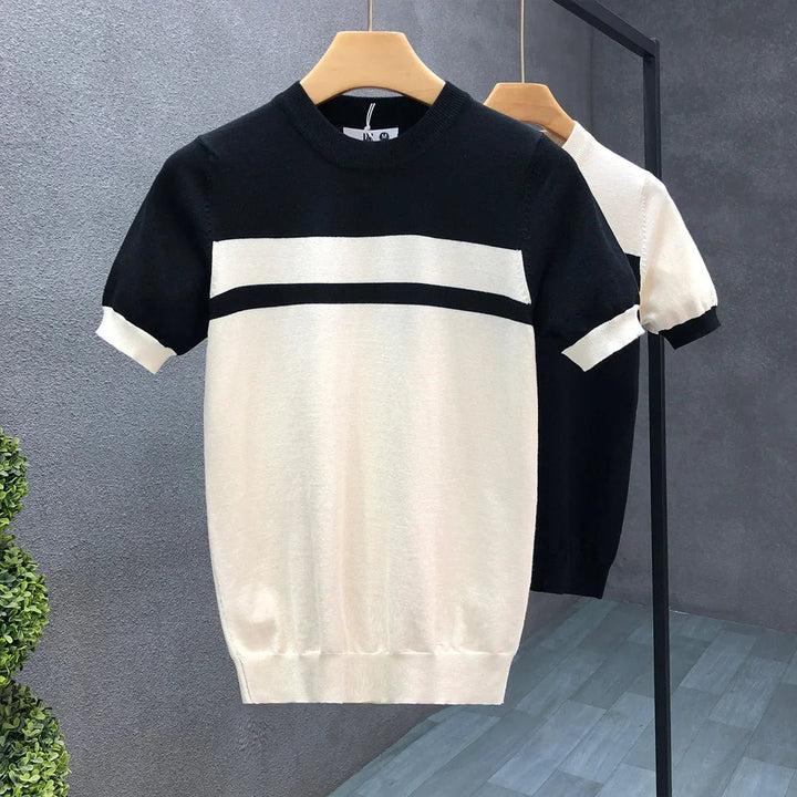 Mens Knitted Colour Block Crewneck Jumper Ribbed Stripe