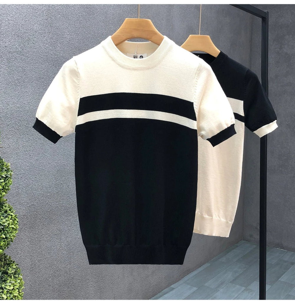 Mens Knitted Colour Block Crewneck Jumper Ribbed Stripe