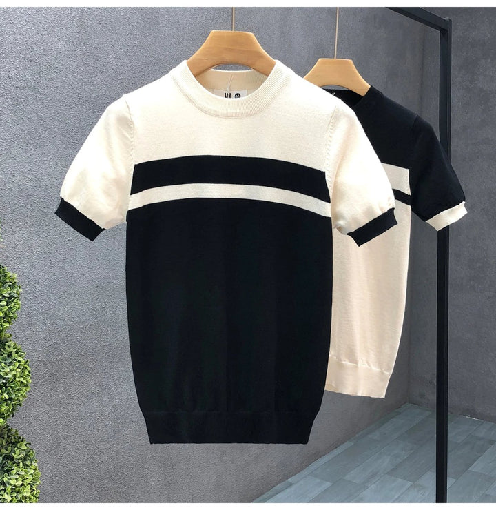 Mens Knitted Colour Block Crewneck Jumper Ribbed Stripe