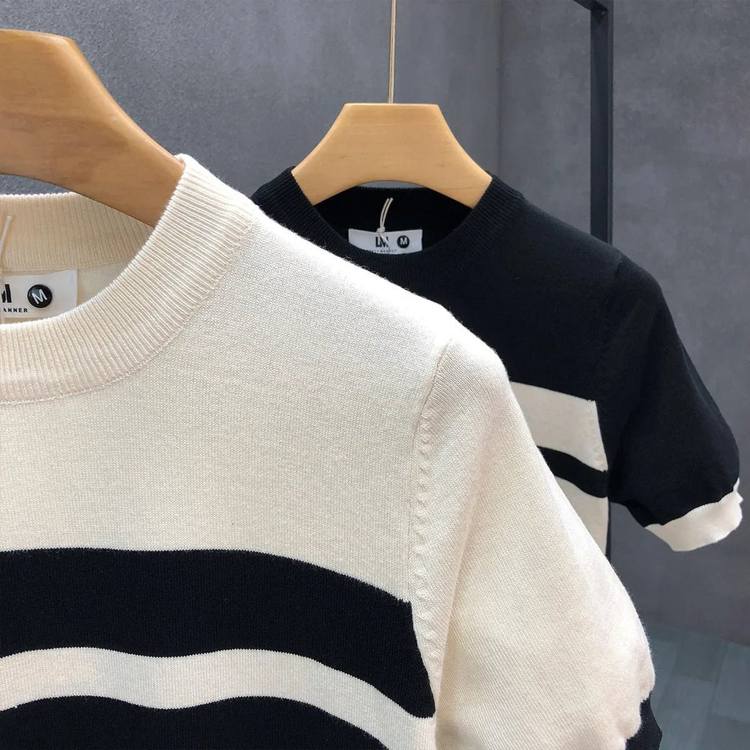 Mens Knitted Colour Block Crewneck Jumper Ribbed Stripe