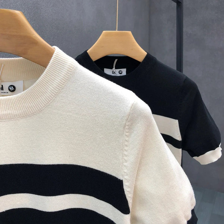 Mens Knitted Colour Block Crewneck Jumper Ribbed Stripe