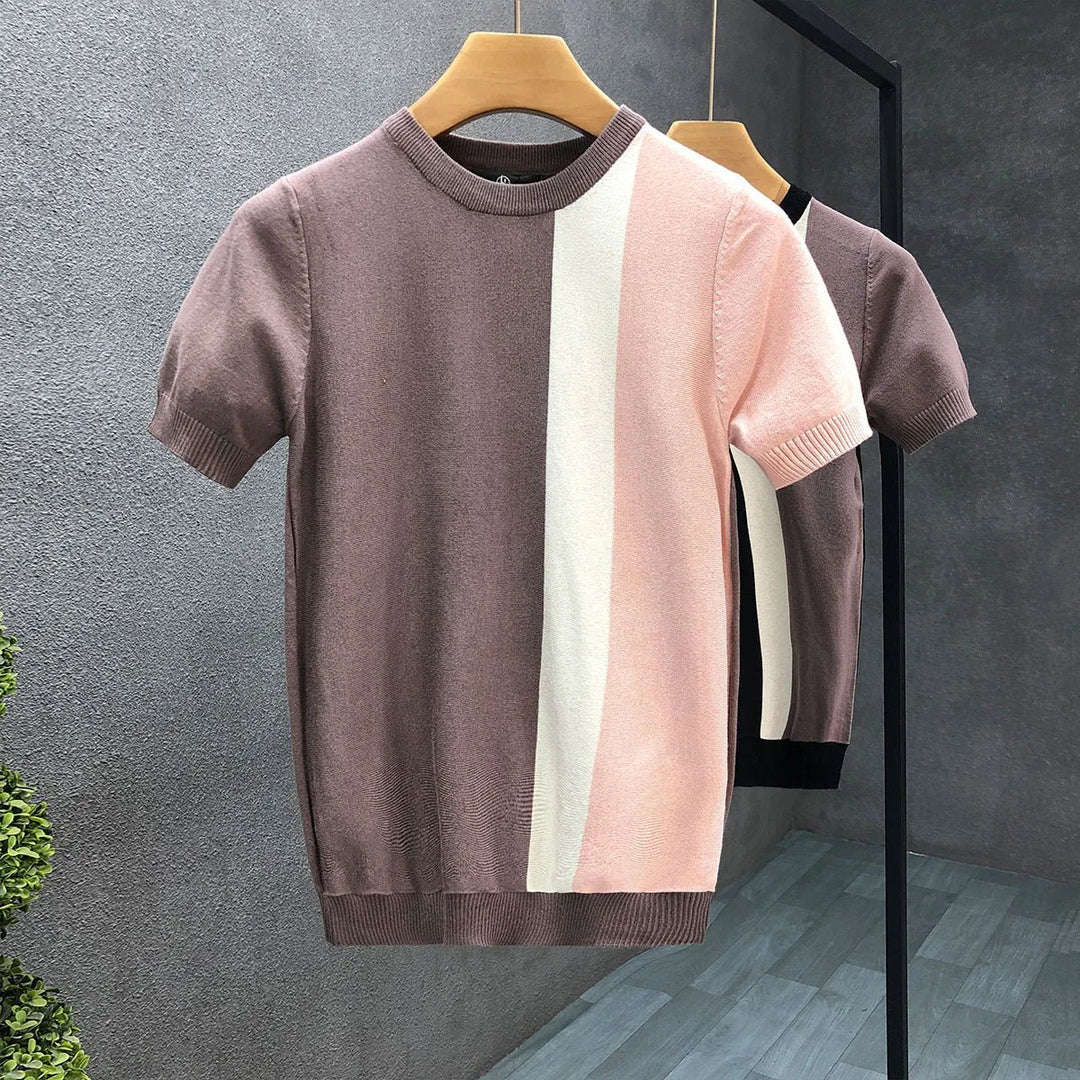 Mens Knitted Colour Block Crewneck Jumper Triple Panel