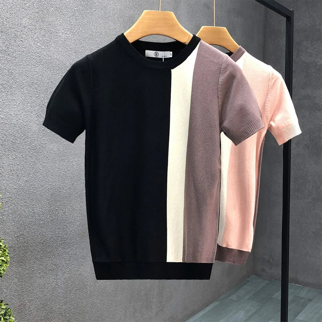 Mens Knitted Colour Block Crewneck Jumper Triple Panel