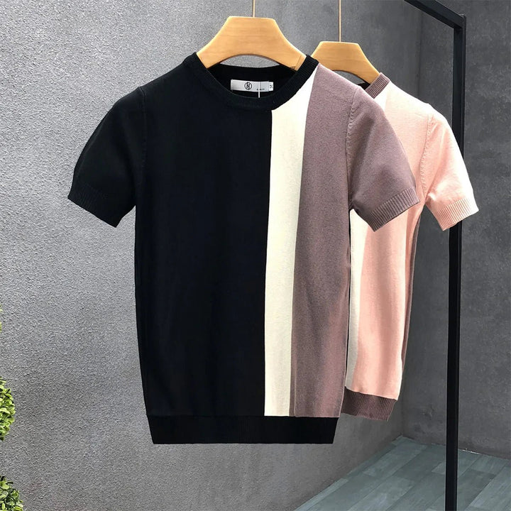Mens Knitted Colour Block Crewneck Jumper Triple Panel