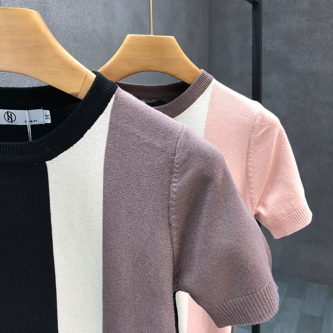 Mens Knitted Colour Block Crewneck Jumper Triple Panel