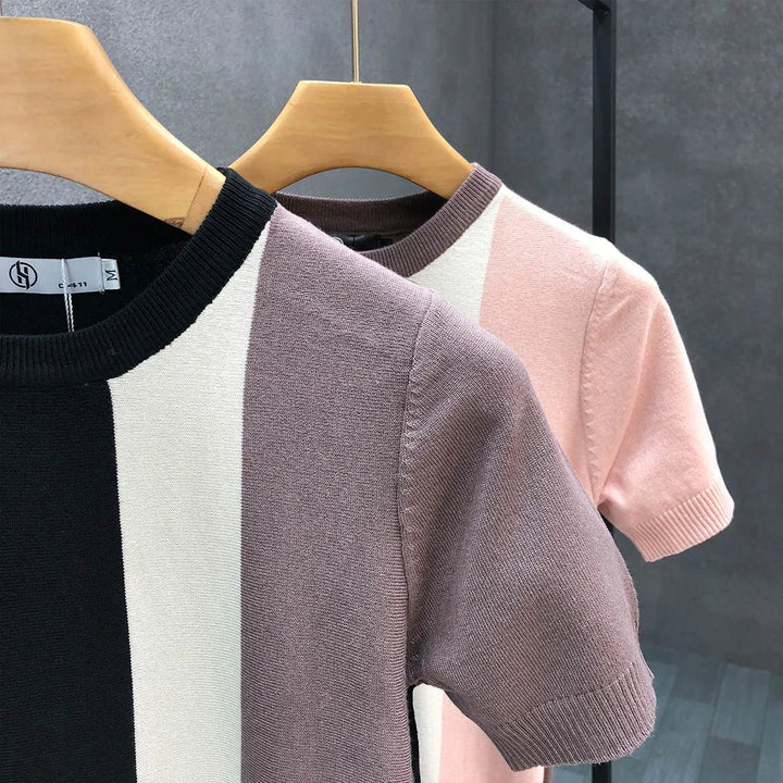 Mens Knitted Colour Block Crewneck Jumper Triple Panel