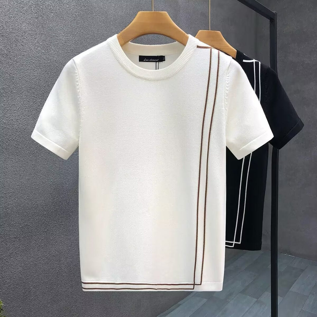 Mens Knitted Crewneck Jumper Contrast Stripe Lightweight