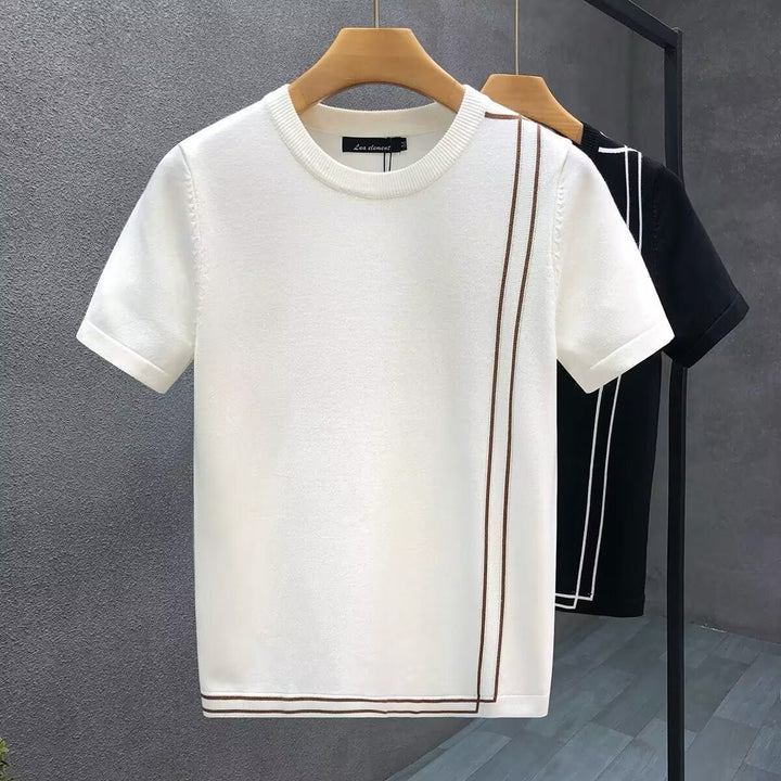 Mens Knitted Crewneck Jumper Contrast Stripe Lightweight
