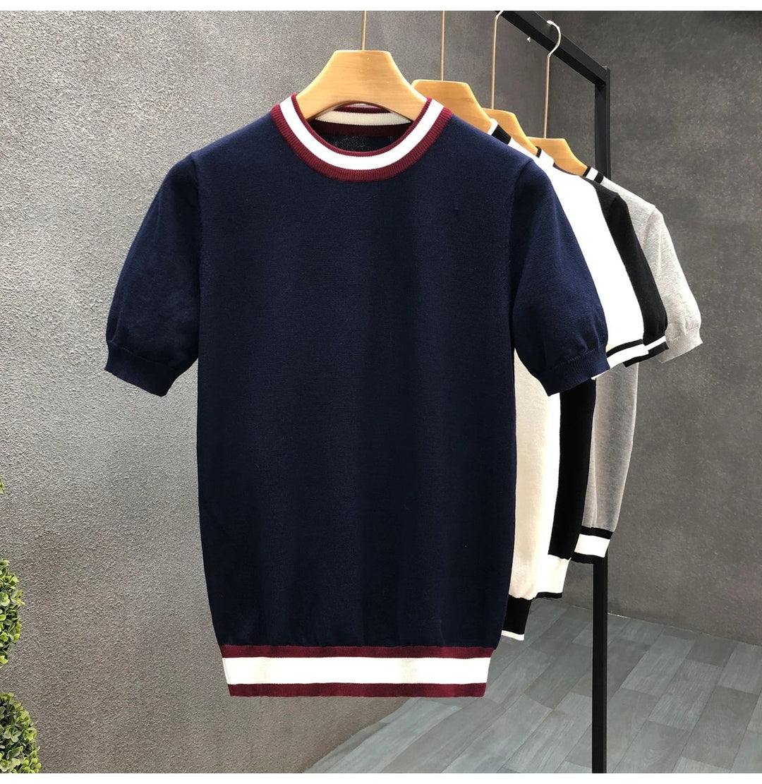 Mens Knitted Crewneck Jumper Contrast Stripe Lightweight Knit