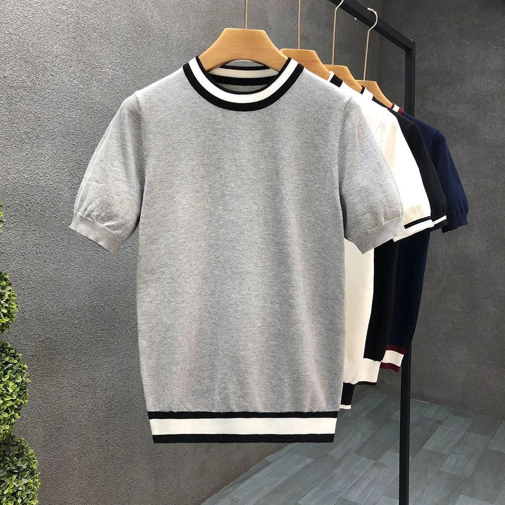Mens Knitted Crewneck Jumper Contrast Stripe Lightweight Knit