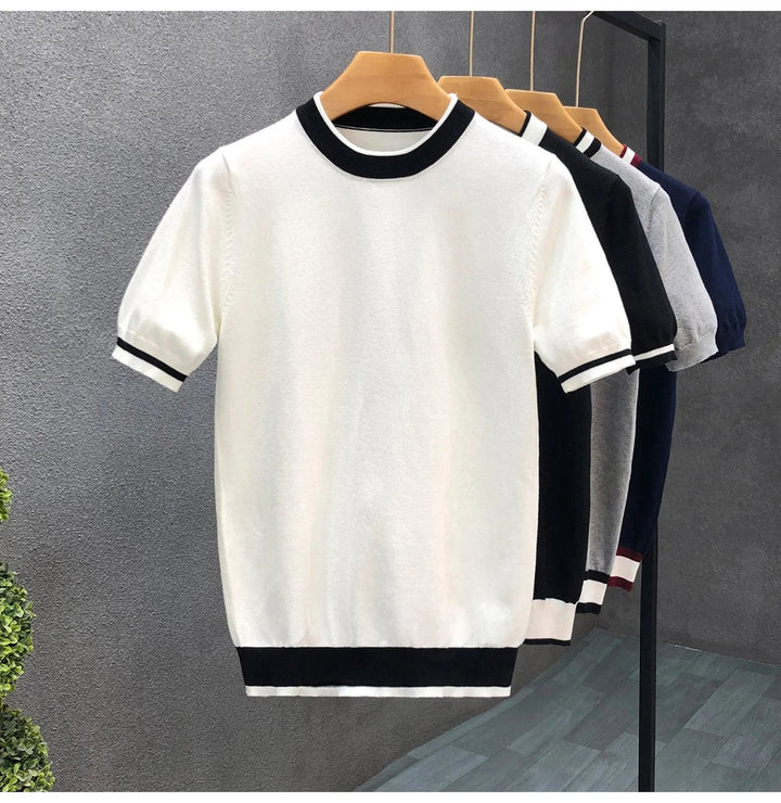 Mens Knitted Crewneck Jumper Contrast Stripe Lightweight Knit