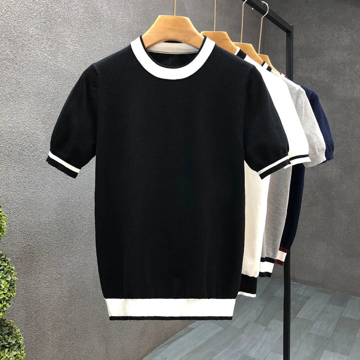 Mens Knitted Crewneck Jumper Contrast Stripe Lightweight Knit