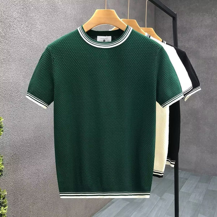 Mens Knitted Crewneck Jumper Contrast Stripe Trim Cotton Knitwear