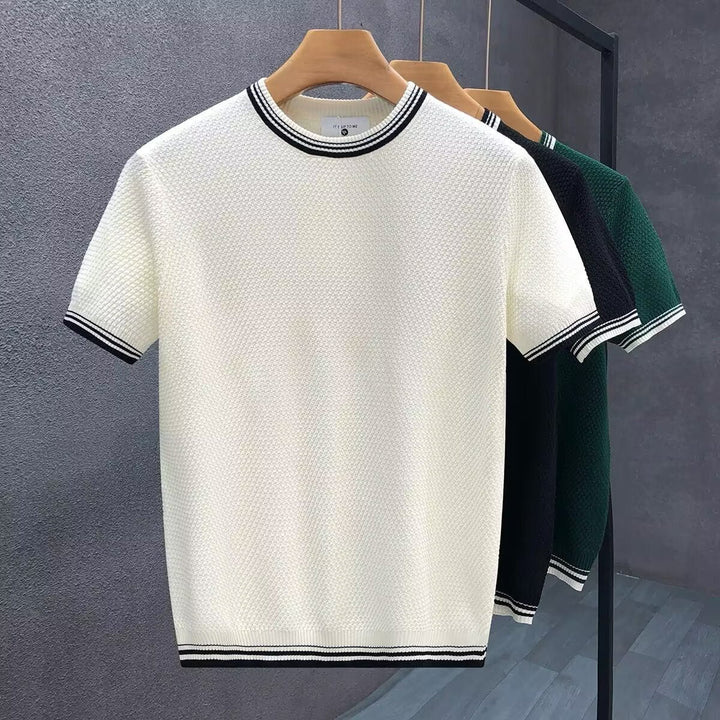 Mens Knitted Crewneck Jumper Contrast Stripe Trim Cotton Knitwear
