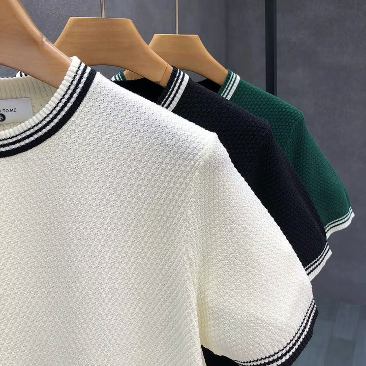 Mens Knitted Crewneck Jumper Contrast Stripe Trim Cotton Knitwear