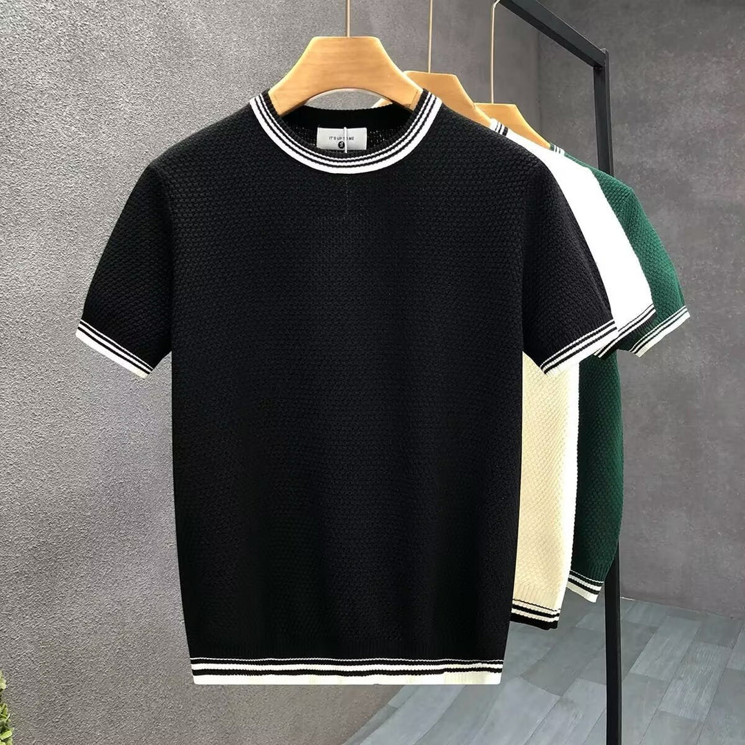 Mens Knitted Crewneck Jumper Contrast Stripe Trim Cotton Knitwear
