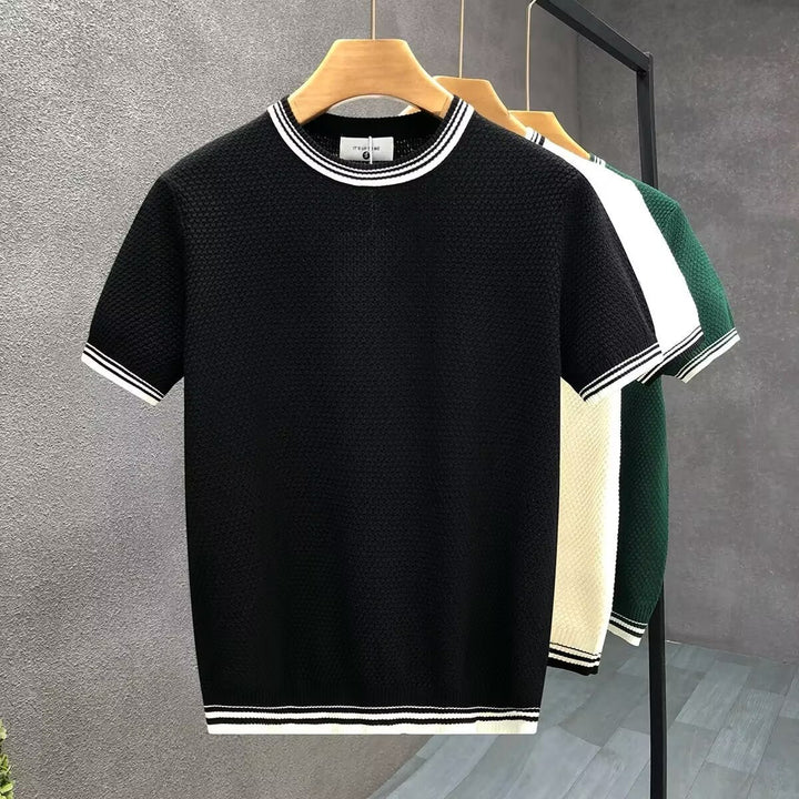 Mens Knitted Crewneck Jumper Contrast Stripe Trim Cotton Knitwear