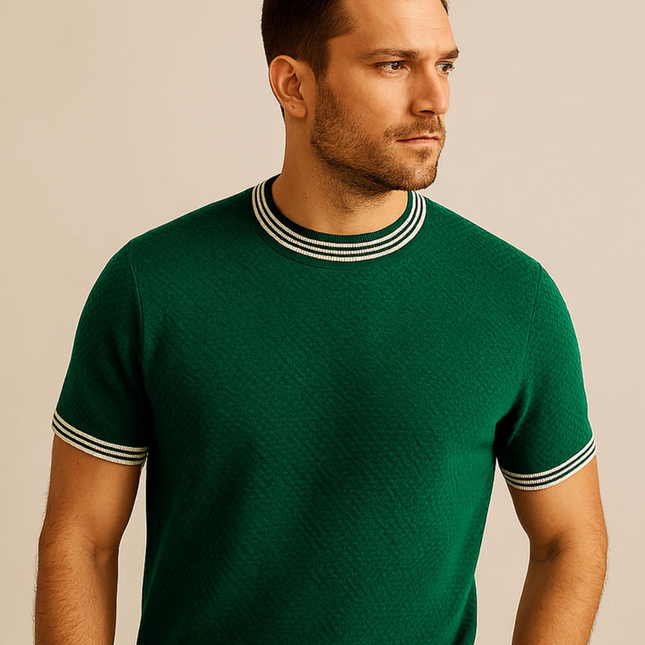 Mens Knitted Crewneck Jumper Contrast Stripe Trim Cotton Knitwear