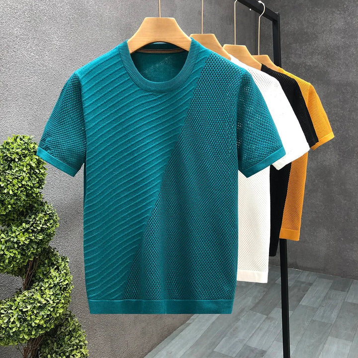 Mens Knitted Crewneck Jumper Diagonal Textured Lightweight Knit