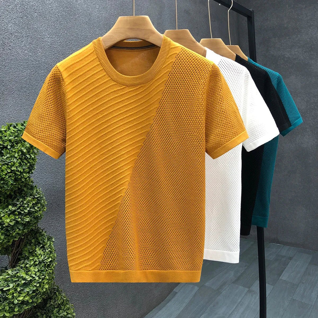 Mens Knitted Crewneck Jumper Diagonal Textured Lightweight Knit