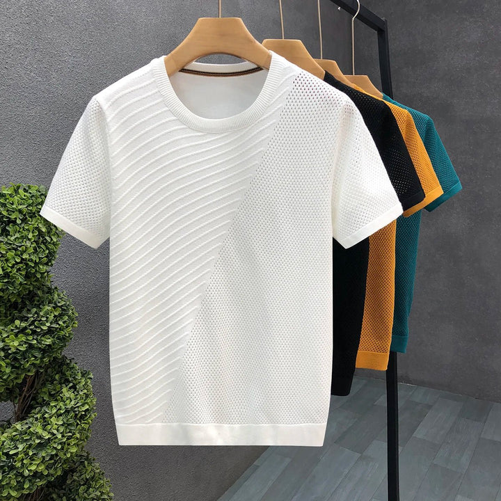 Mens Knitted Crewneck Jumper Diagonal Textured Lightweight Knit