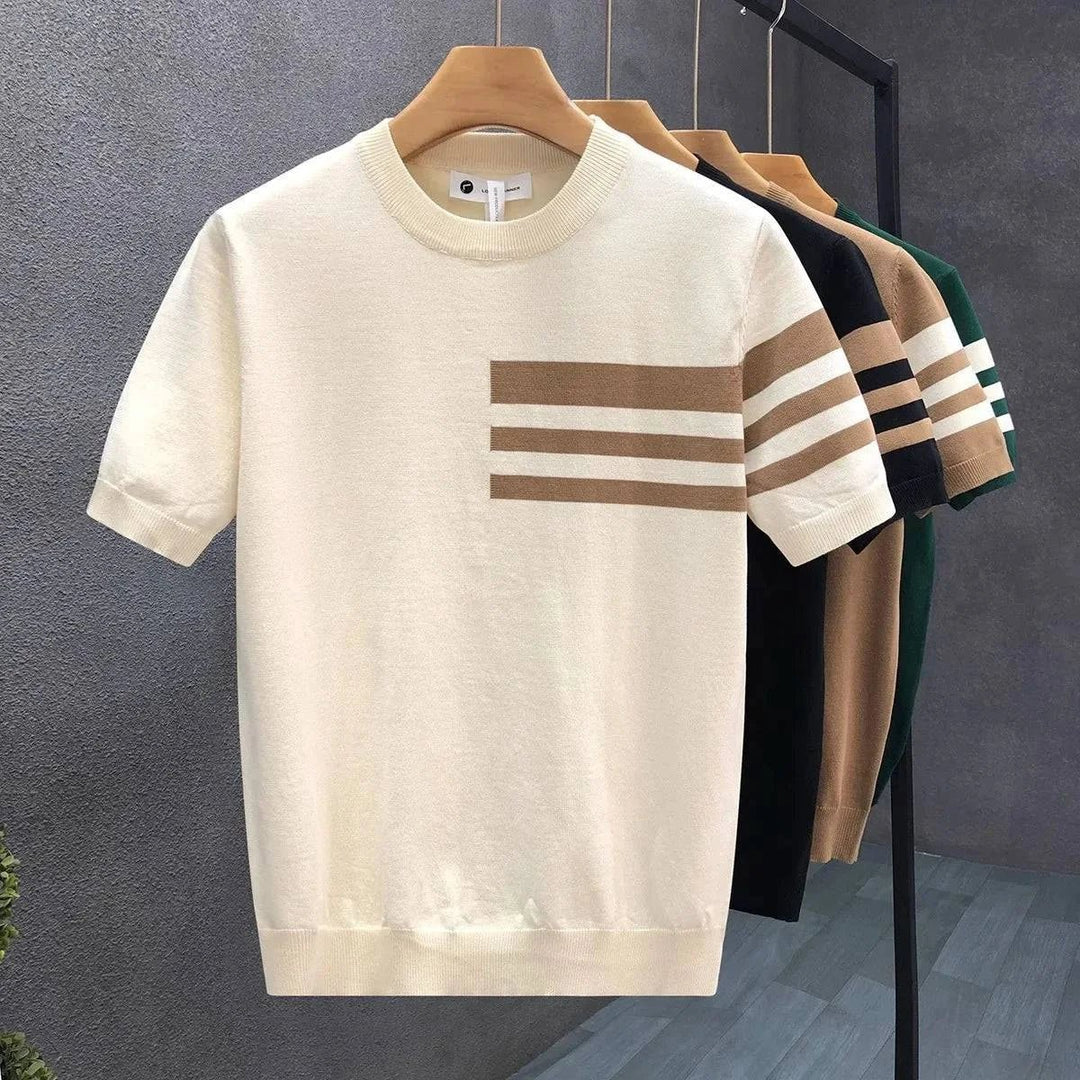 Mens Knitted Crewneck Jumper Striped Short Sleeve Pullover