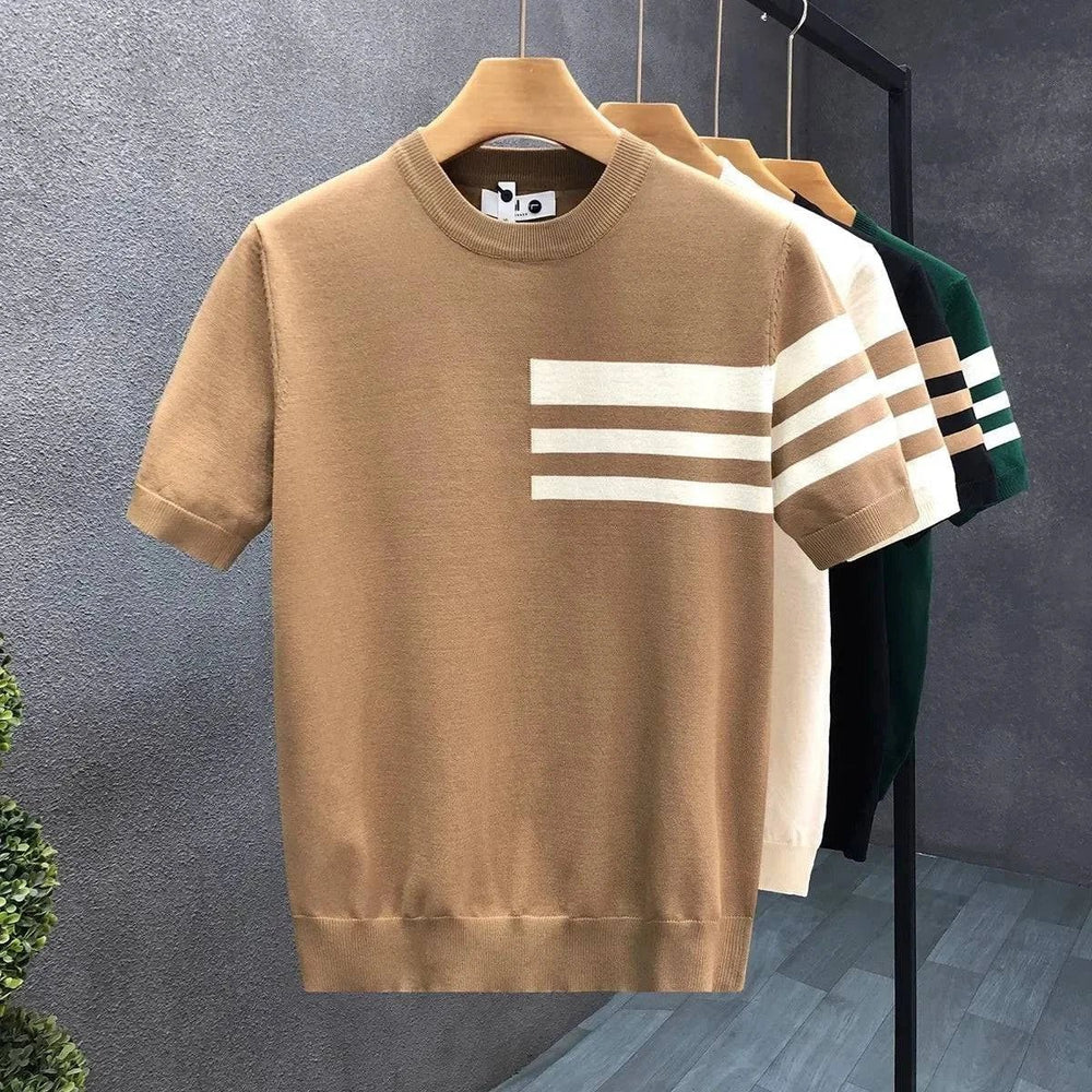 Mens Knitted Crewneck Jumper Striped Short Sleeve Pullover