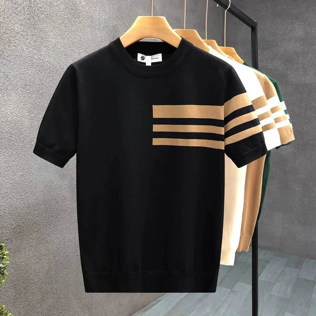 Mens Knitted Crewneck Jumper Striped Short Sleeve Pullover