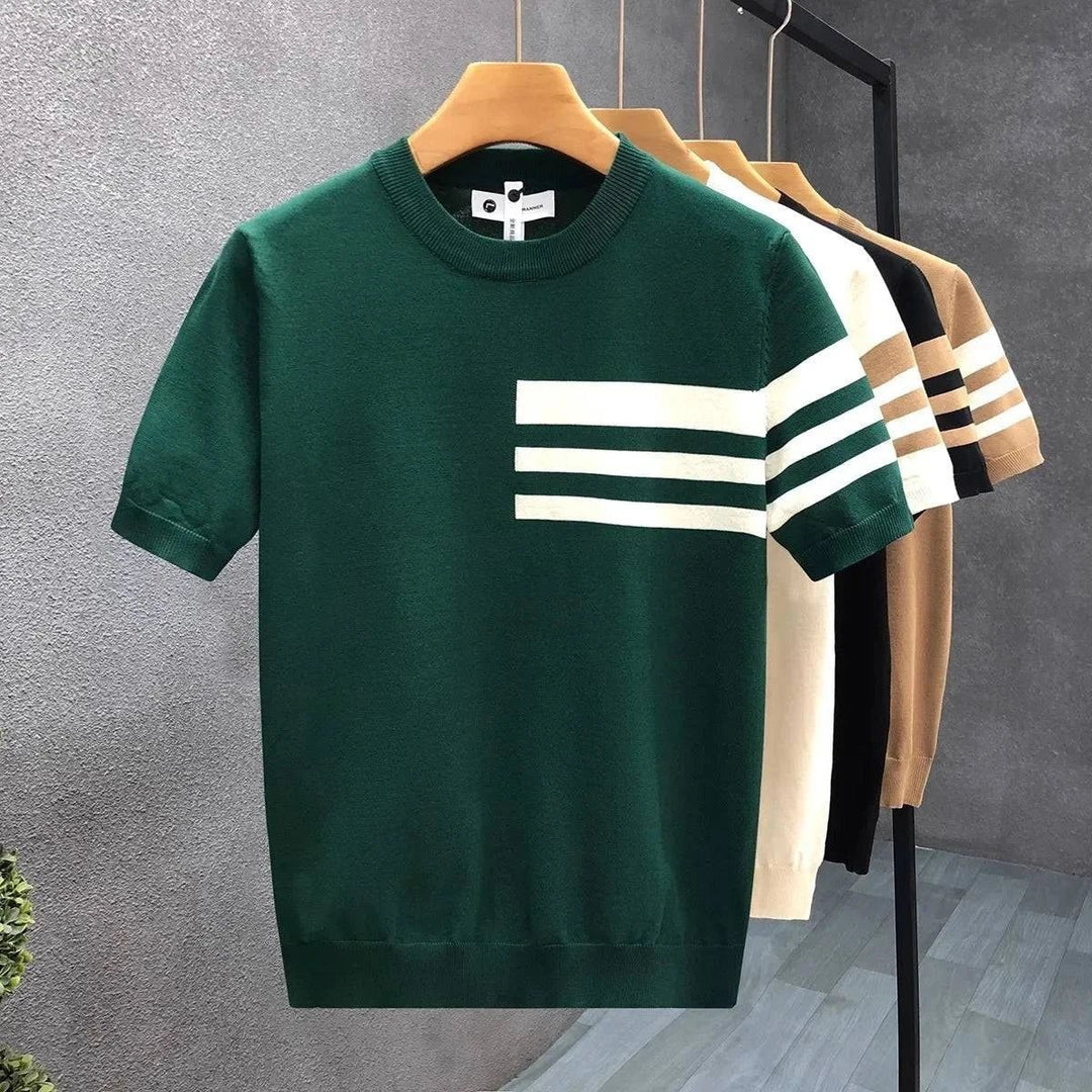 Mens Knitted Crewneck Jumper Striped Short Sleeve Pullover