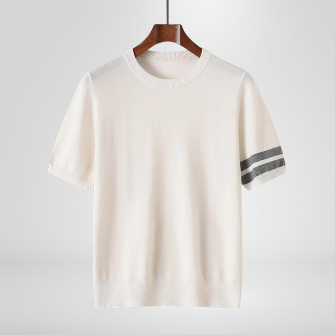 Mens Knitted Crewneck Jumper Striped Sleeve Cotton Knitwear
