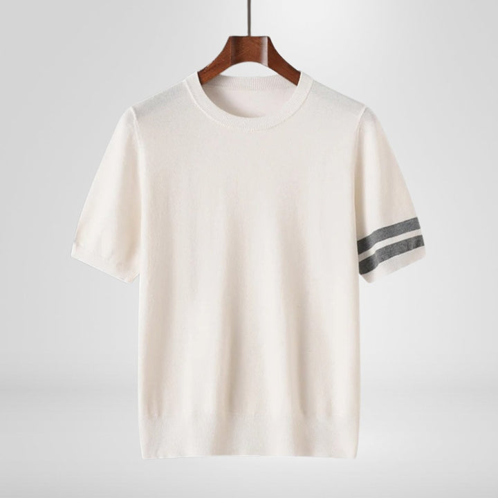 Mens Knitted Crewneck Jumper Striped Sleeve Cotton Knitwear